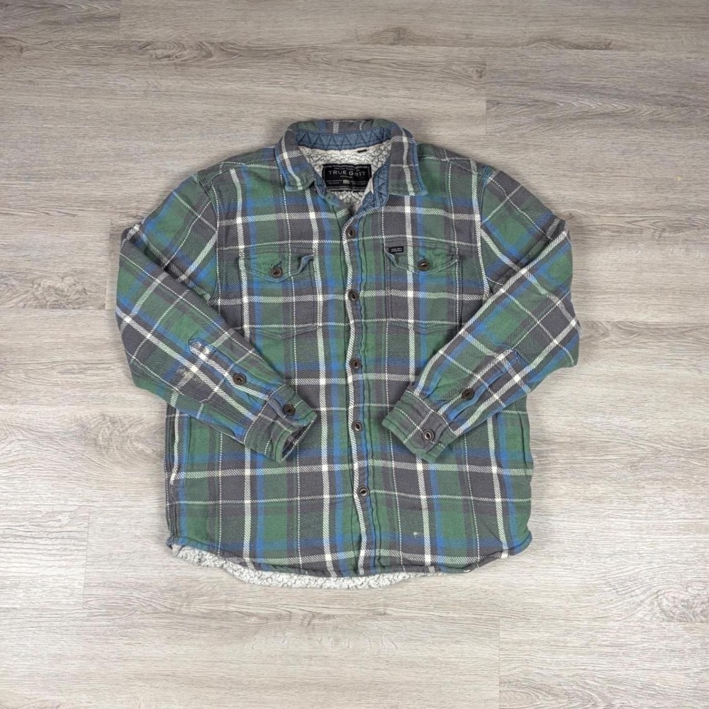True Grit Flannel Shirt Jacket Mens Size S Green Plaid Sherpa Lined Workwear